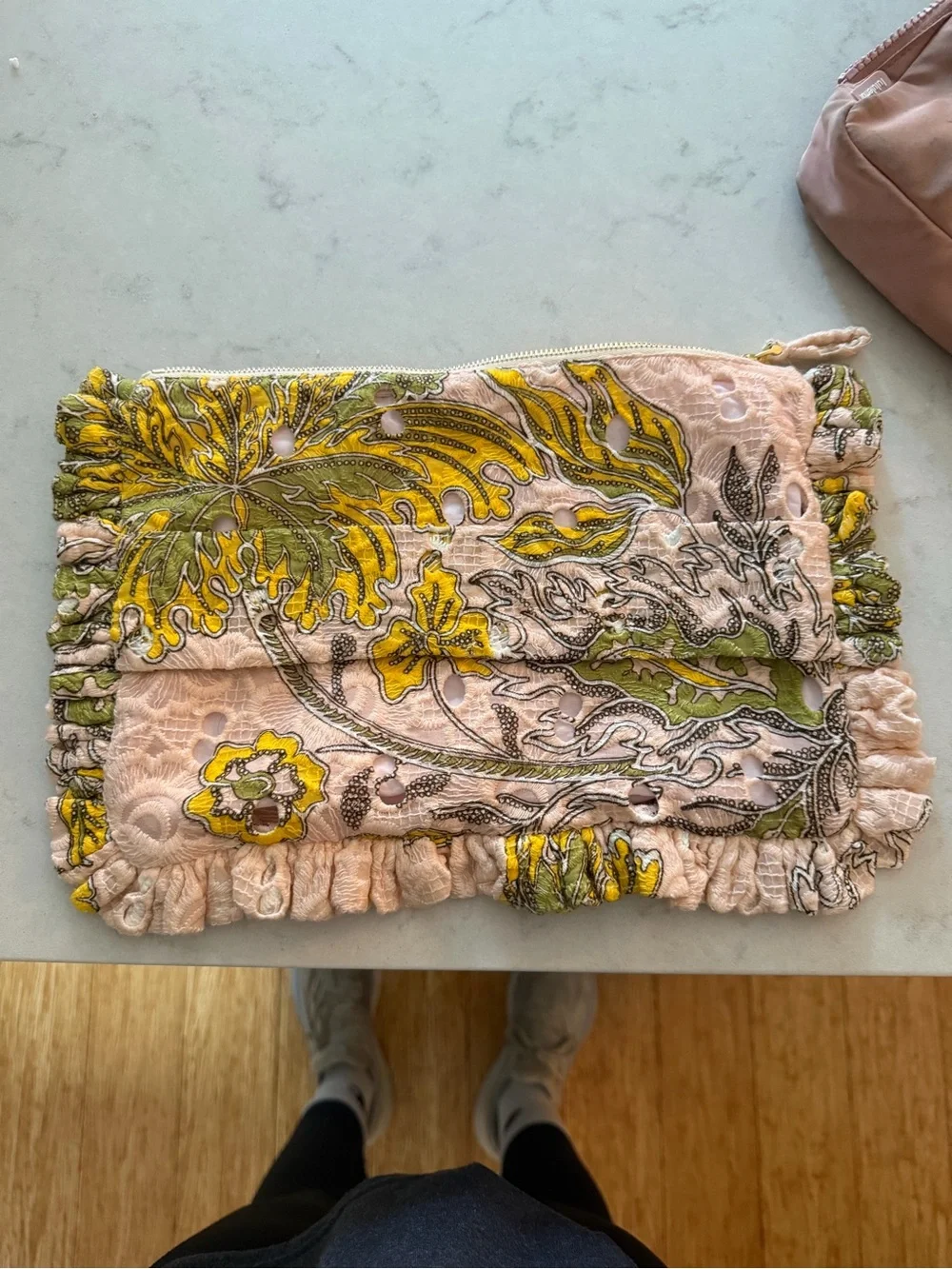 LA DoubleJ Pink and Yellow Floral Ruffle Clutch